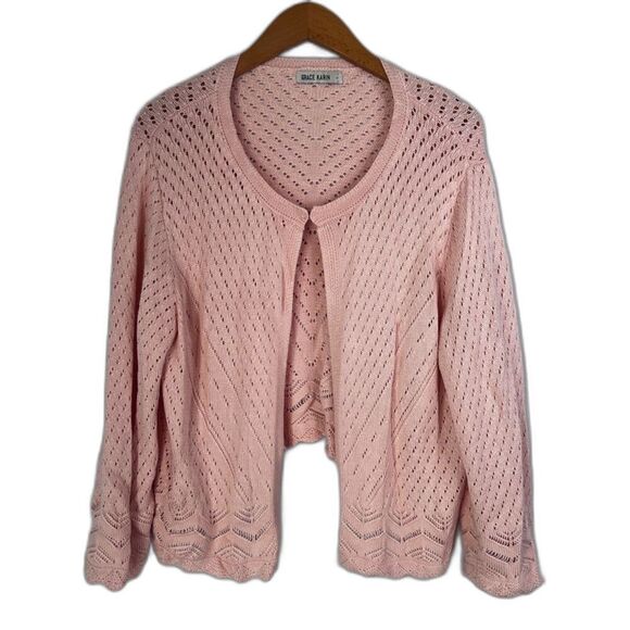 Grace Karin Light Pink Crochet Knit Cropped Cardigan Sweater Size Large - Picture 1 of 9